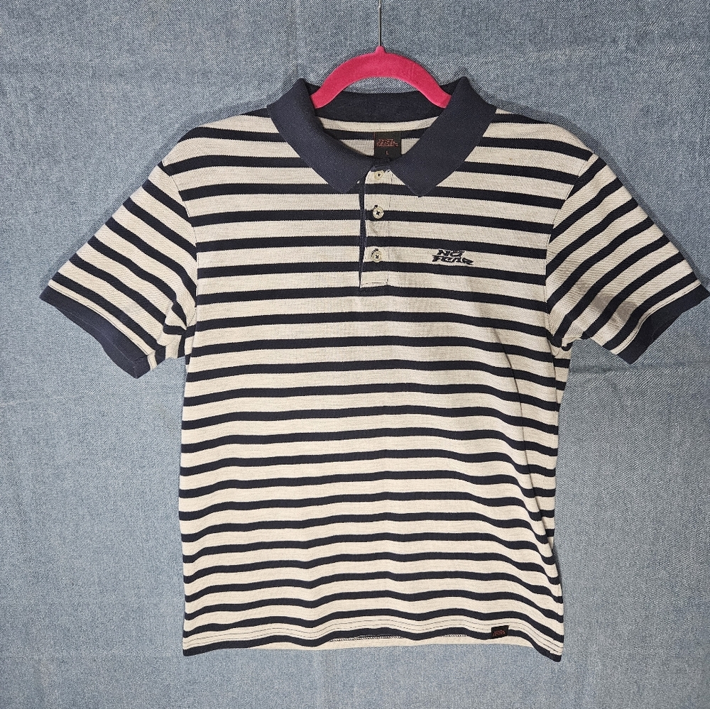 Vintage Youth No Fear Striped Polo Shirt Navy & Beige Size Large Y2K Skate Style